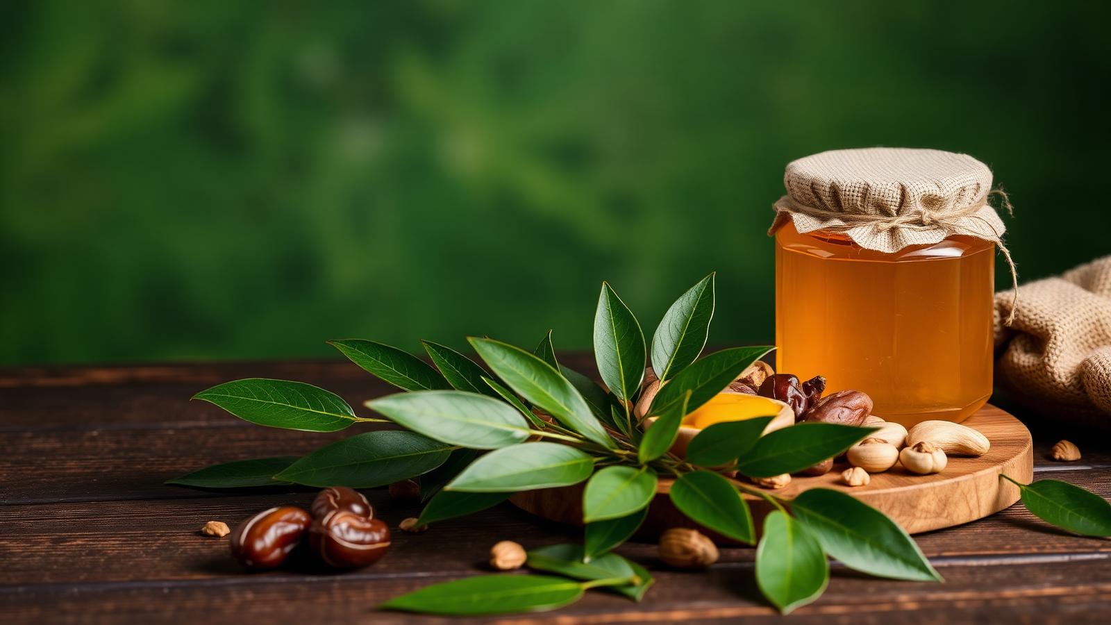 Organic honey, nuts and dates on a wooden table